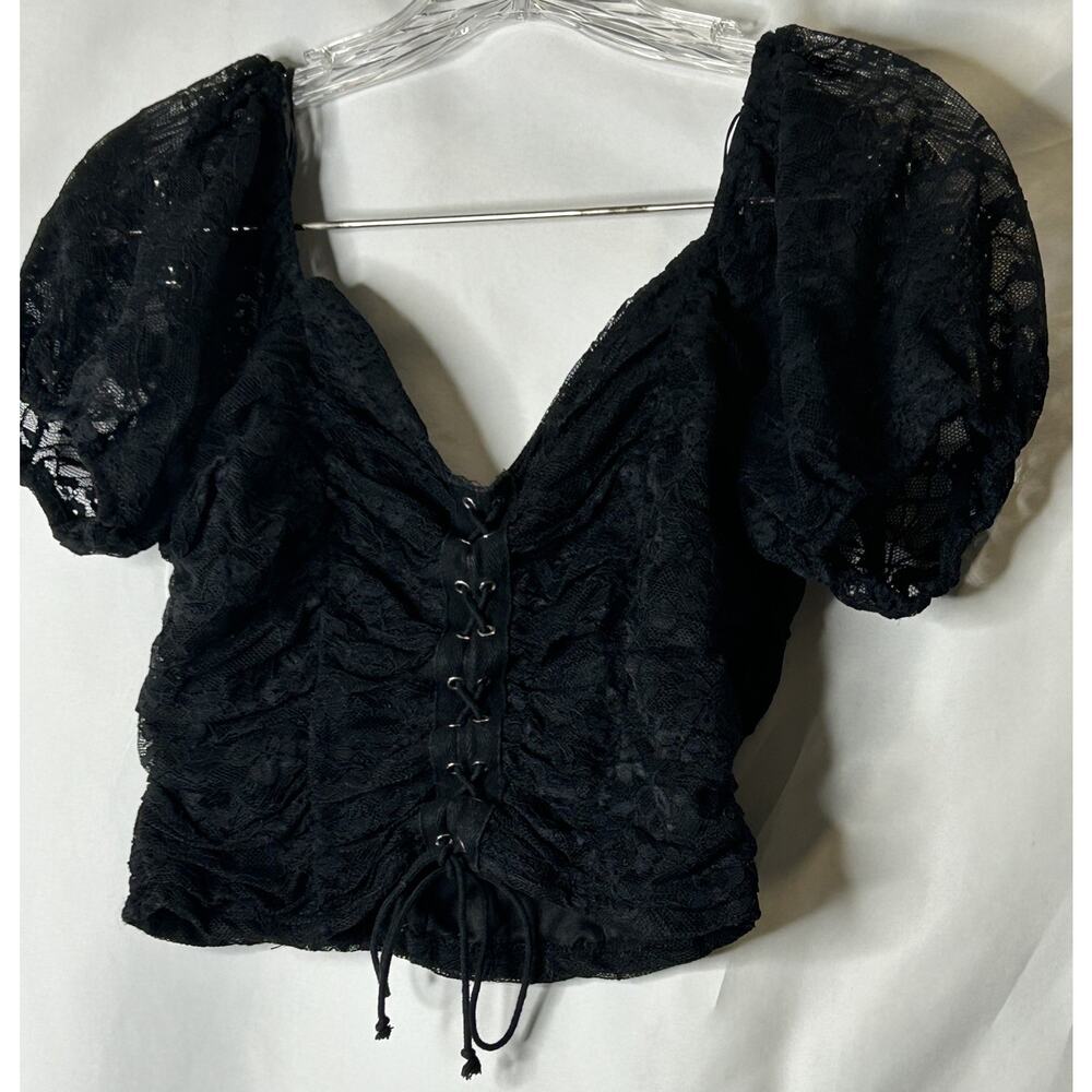Gothic Black Lace Blouse Steampunk Victorian Size S Short Sleeve Whimsical